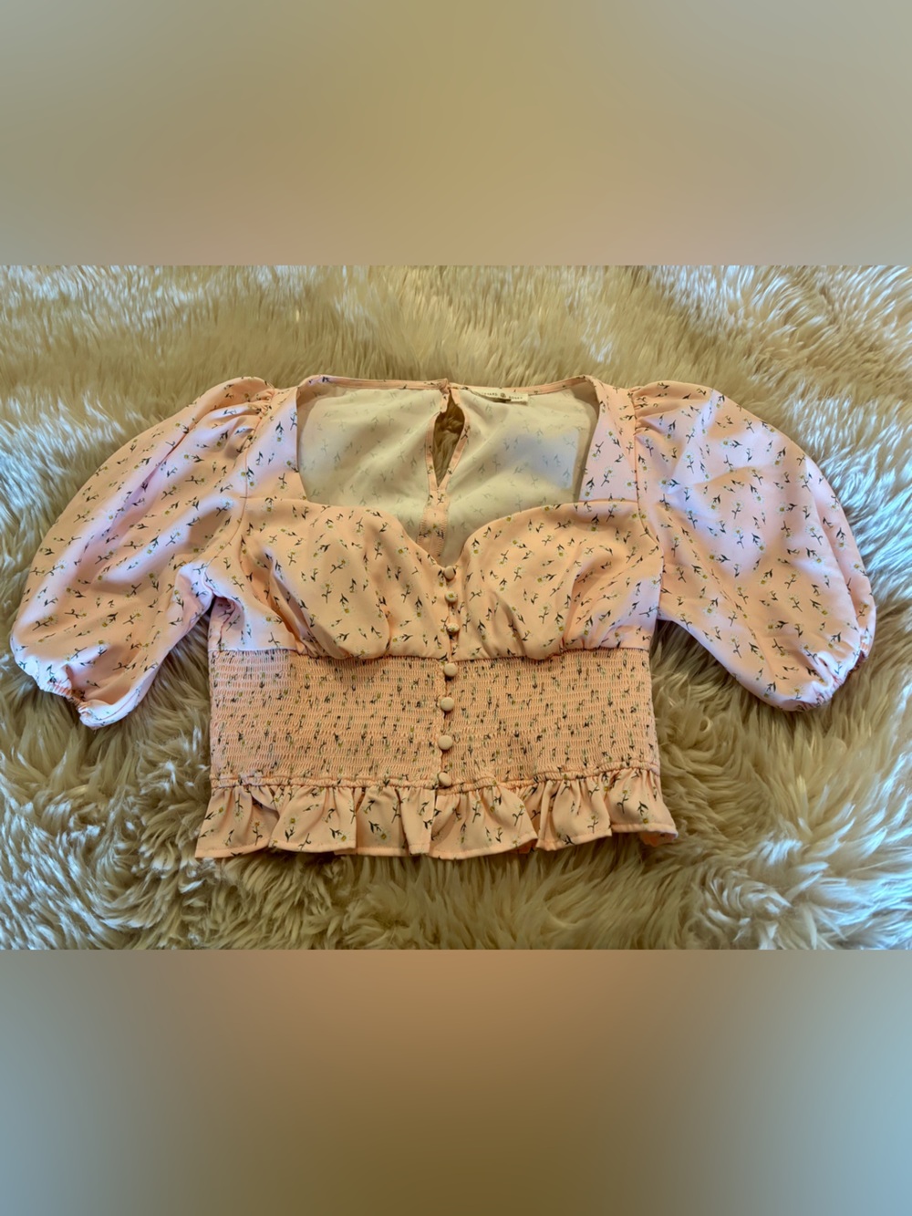 Pink Floral Smocked Puff-Sleeve Blouse